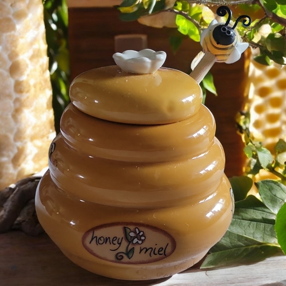 Vtg Honey Miel BEEHIVE Ceramic Jar Pot Bumblebee Bee Daisy Wood Spoon Dipper - Picture 1 of 8